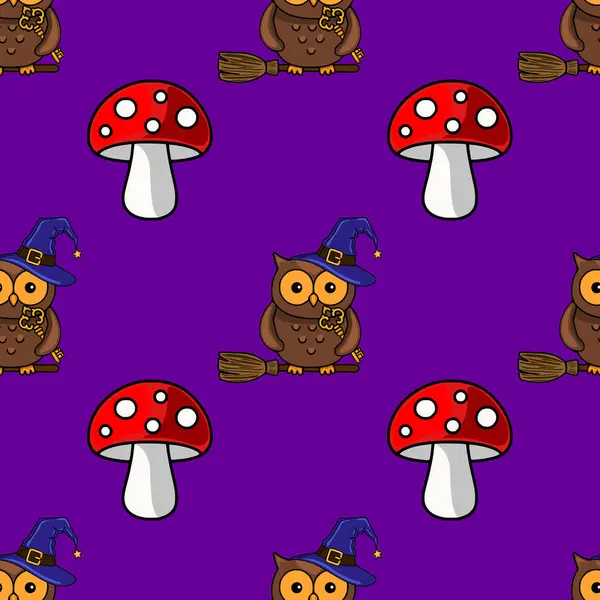 Süpürge sapları, cadı şapkaları ve canlı kırmızı zehirli mantarlarla süslü kusursuz bir Cadılar Bayramı deseni. Mor bir arka plan yaratıyor ve büyüleyici bir tasarım yaratıyor..