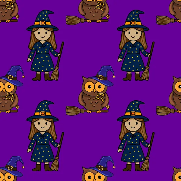 Süpürge saplı ve baykuş şapkalı büyüleyici cadıları içeren kusursuz bir vektör deseni. Cadı şapkası takan, canlı mor bir zemin üzerine kurulmuş, Cadılar Bayramı temalı tasarımlar için mükemmel..