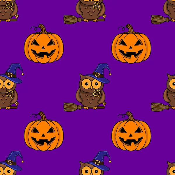 Süpürge saplarında sevimli baykuşlar, cadı şapkaları ve canlı mor bir arka planda oyulmuş balkabakları olan kusursuz vektör Cadılar Bayramı deseni, şenlik tasarımları için mükemmel..