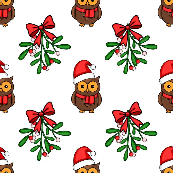 Noel Baba şapkaları ve kırmızı eşarplar takan sevimli baykuşların canlı kırmızı fiyonklu şenlikli ökse otu dallarının arasına yerleşip büyüleyici bir Noel tasarımı yarattıkları kusursuz bir vektör deseni..