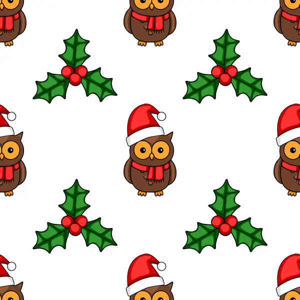 Noel Baba şapkaları ve kutsal böğürtlen dalları takan sevimli baykuşlarla kusursuz vektör Noel şablonu, büyüleyici bir çizgi film tarzı ve şenlikli kırmızı ve yeşil renk paleti.