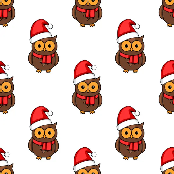 Beyaz arka planda Noel Baba şapkaları ve kırmızı eşarplar takan sevimli çizgi film baykuşlarının kusursuz vektör desenleri Noel için mükemmel..