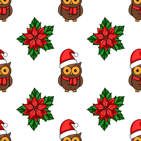 Noel Baba şapkaları ve Noel çiçekleri takan sevimli baykuşlarla kusursuz bir Noel deseni. Şenlikli tasarımlar ve kış tatili projeleri için mükemmel..