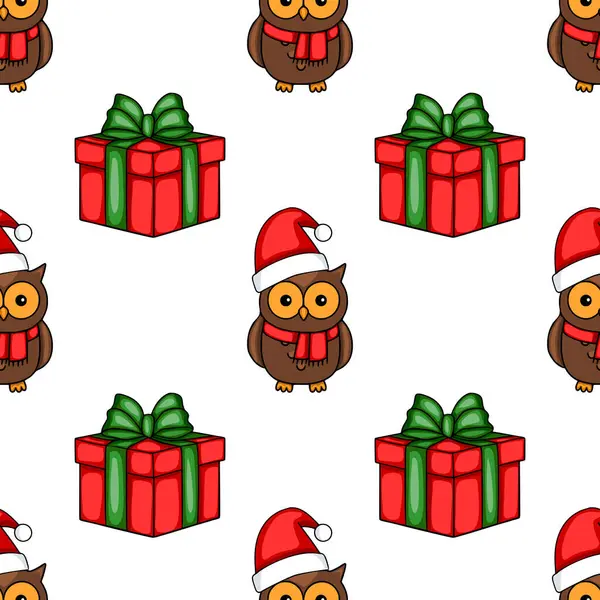 Noel Baba şapkaları ve kırmızı hediye kutuları takan sevimli baykuşlarla kusursuz bir Noel deseni. Kış tatili için ideal neşeli ve şenlikli bir tasarım..