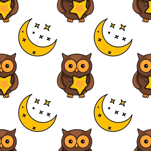 Sarı hilal ayları ve küçük yıldızların arkaplanlarında yıldızları tutan sevimli çizgi film baykuşlarının kusursuz vektör deseni, çocuk tekstil tasarımları veya tuhaf arka planlar için mükemmeldir..