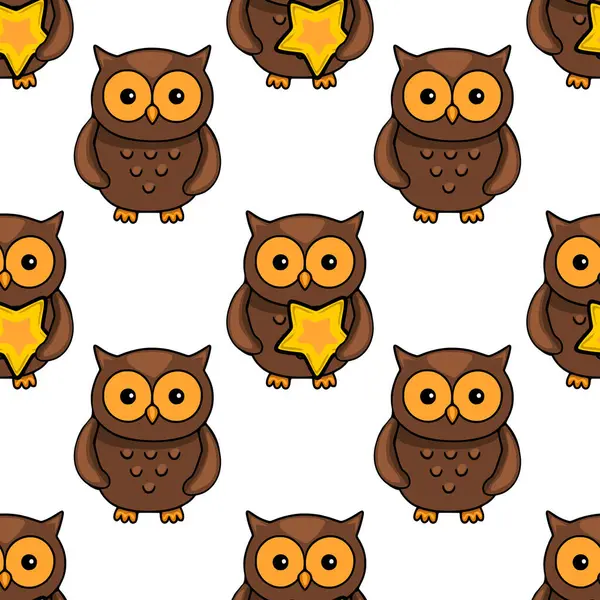 Kahverengi baykuşların altın yıldızları taşıdığı, çocuk kıyafetleri, kırtasiye ürünleri ya da tuhaf arka planlar için mükemmel, sevimli, pürüzsüz bir desen..