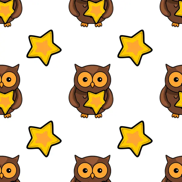 Beyaz arka planda altın yıldızları tutan sevimli kahverengi baykuşların kusursuz vektör deseni, çocuklar için tekstil, paket kağıdı veya dijital tasarım projeleri için idealdir..
