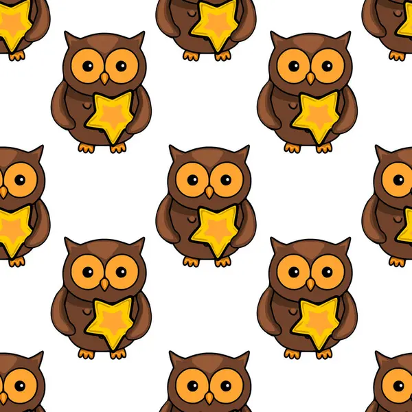 Altın yıldızları tutan sevimli kahverengi baykuşların, çocuk tekstil tasarımları ya da tuhaf arka planlar için mükemmel olduğu kusursuz bir vektör deseni..