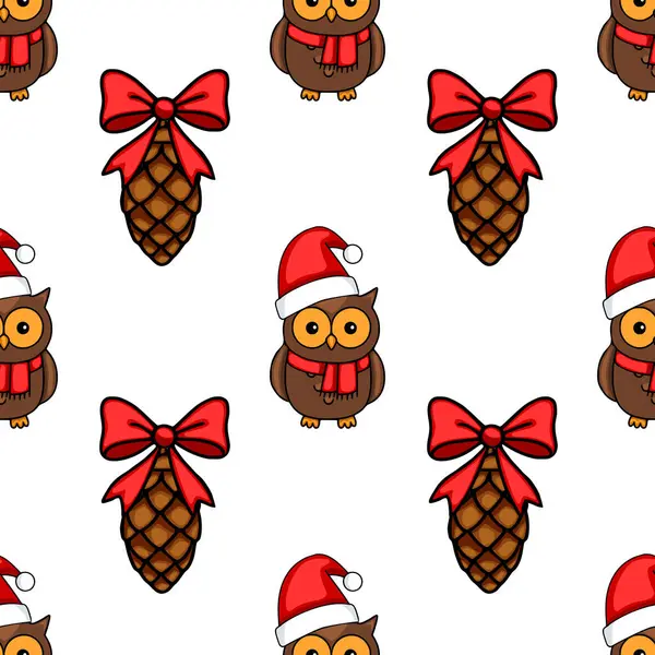 Noel Baba şapkaları ve kırmızı eşarplarla süslenmiş çam kozalakları takan sevimli çizgi film baykuşlarını içeren kusursuz vektör deseni büyüleyici bir Noel tasarımı yaratıyor..