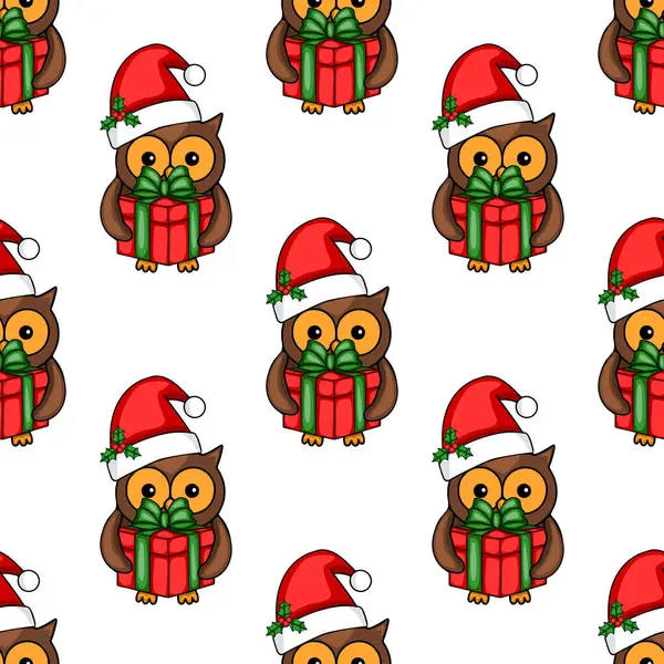 Noel Baba şapkası takan ve elinde Noel hediyeleri tutan sevimli baykuşların kusursuz vektör deseni, şenlikli tasarımlar ve kış tatilleri için mükemmel..