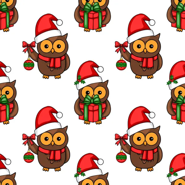 Noel Baba şapkalarında sevimli baykuşların olduğu kusursuz vektör desenleri, bazıları Noel hediyeleri taşıyor, diğerleri süslerle süslenmiş, şenlikli bir kış tasarımı yaratıyor..