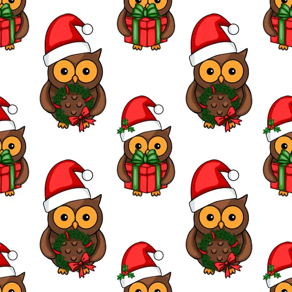 Noel Baba şapkalı şirin baykuşların kusursuz vektör desenleri, Noel çelenkleri ve hediyeler, şenlikli arka planlar ve kış tatili tasarımları için mükemmel..