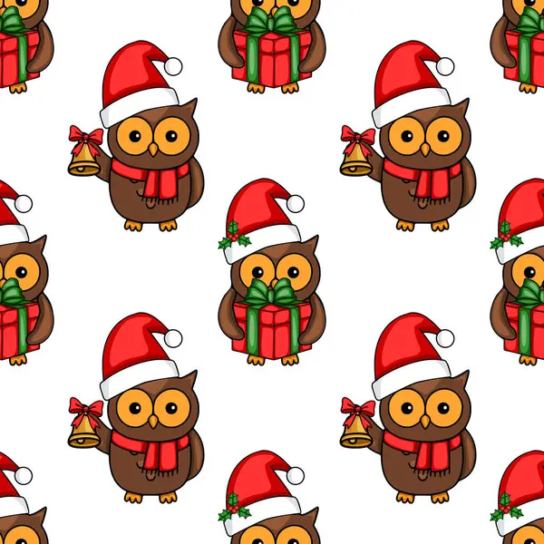 Noel Baba şapkası takan, hediyeler ve çanlar taşıyan sevimli baykuşların kusursuz vektör desenleri Noel için mükemmel..