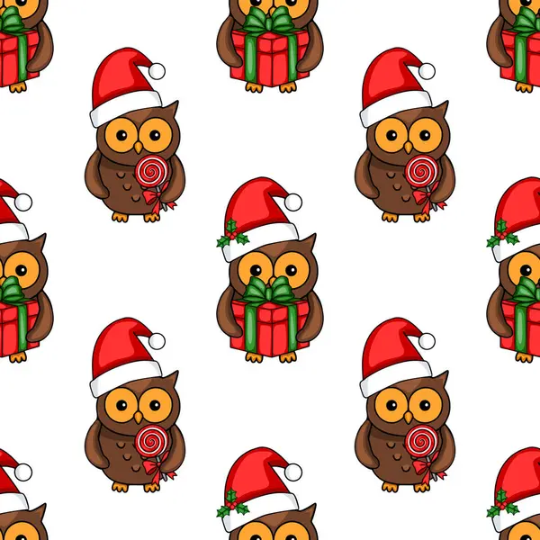 Noel Baba şapkalarında sevimli baykuşlar, bazıları hediyeler, diğerleri lolipoplarla Noel için şenlikli bir tasarım hazırlayan kusursuz bir vektör deseni..