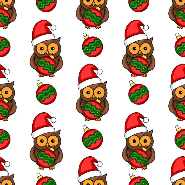 Noel Baba şapkalı sevimli baykuşların kusursuz vektör desenleri, ellerinde Noel mücevherleri, neşeli kırmızı ve yeşil bir renk düzeni, şenlik tasarımları için mükemmel..