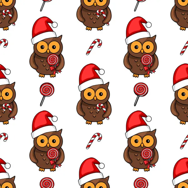 Noel Baba şapkası takan, lolipop ve baston şekerlemeleri tutan sevimli çizgi film baykuşlarını içeren kusursuz bir vektör deseni, kış tatili için mükemmel bir Noel tasarımı yaratıyor..