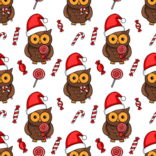 Noel Baba şapkalı sevimli baykuşların kusursuz vektör deseni lolipoplar ve şeker kamışları, şenlikli Noel tasarımları için mükemmel.