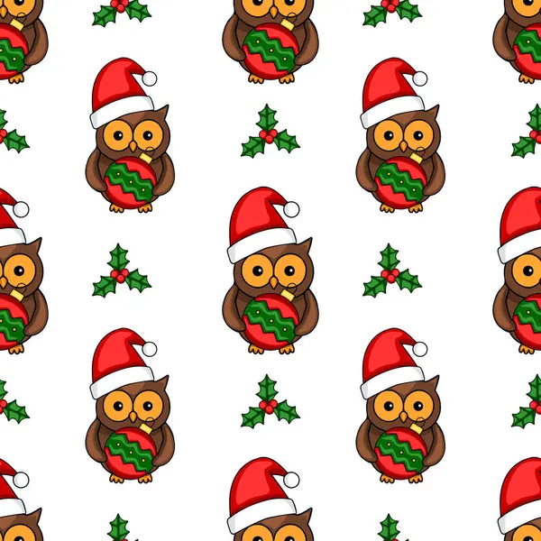 Noel Baba şapkalarında sevimli baykuşların olduğu, Noel mücevherleri taşıdığı ve kutsal böğürtlenlerle süslenmiş kusursuz bir Noel deseni..