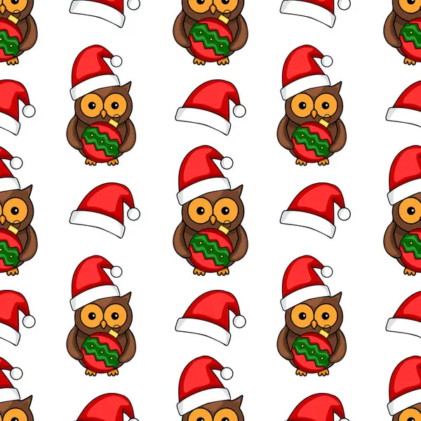 Noel Baba şapkalı baykuşların Noel süsleri taşıdığı kusursuz vektör desenli karikatür baykuşları tatil geçmişi ve baskıları için neşeli ve şen şakrak bir kış tasarımı yaratıyor..