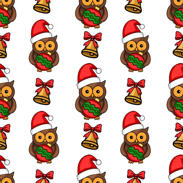 Noel Baba şapkalı şirin baykuşlar Noel mücevherleri, fiyonklu altın çanlar, şenlikli kış tatili tasarımı..