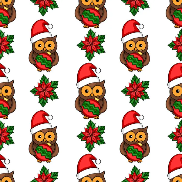 Noel Baba şapkalı sevimli baykuşların kusursuz vektör deseni Noel mücevherleri taşıyor, noktalı çiçeklerle karışıp neşeli ve neşeli bir kış tasarımı yaratıyor..