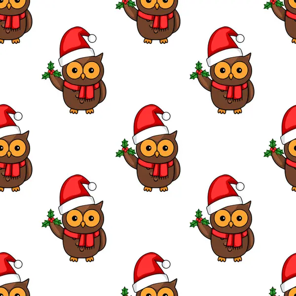 Noel Baba şapkası takan, elinde çoban püskülü taşıyan, Noel Baba tasarımları için mükemmel sevimli baykuşların kusursuz vektör deseni..