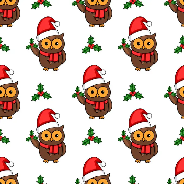 Noel Baba şapkası takan, elinde çoban püskülü taşıyan, Noel şenliği tasarımları ve kış tatili için mükemmel baykuşların kusursuz vektör deseni..