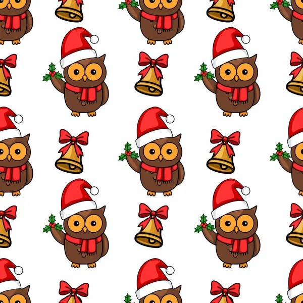 Noel Baba şapkaları takan, Noel Baba şapkaları takan, kırmızı kurdeleli altın çanlar, neşeli ve neşeli bir kış tasarımı oluşturan kusursuz vektör Noel deseni..