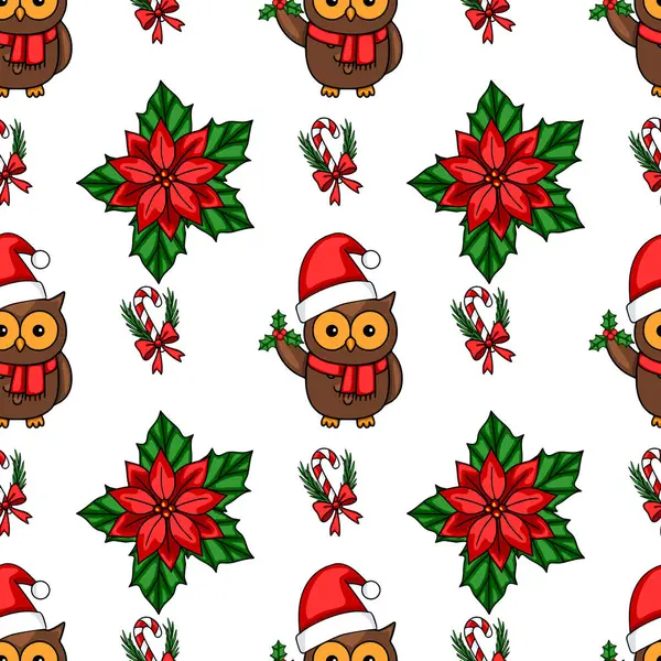 Noel Baba şapkalı, puantiyeli, bastonlu ve kutsal böğürtlenli baykuşları olan kusursuz bir Noel deseni. Şenlikli kış tasarımları için mükemmel..