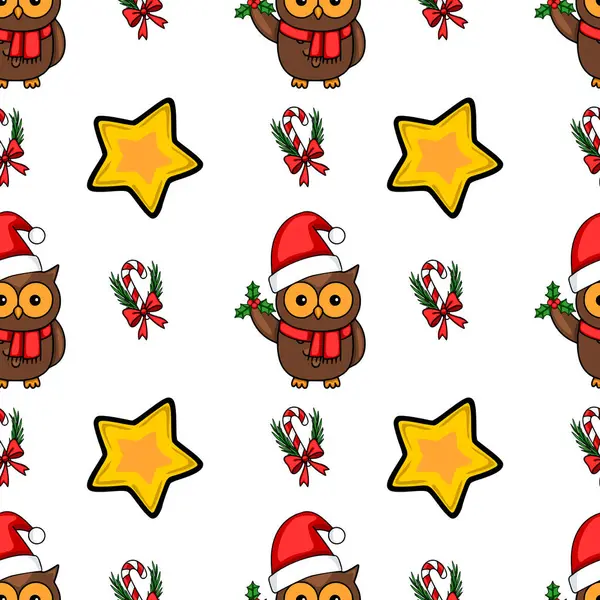 Noel Baba şapkalı, bastonlu, şekerli, yıldızlı ve çoban püsküllü baykuşlarla süslenmiş kusursuz bir Noel deseni. Festival tasarımları için mükemmel..