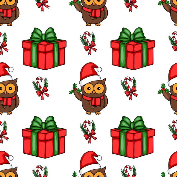 Noel Baba şapkalarında sevimli baykuşların olduğu kusursuz bir Noel şablonu. Kutlama hediye kutuları ve şeker kamışları yanında neşeli bir bayram tasarımı yaratıyor..