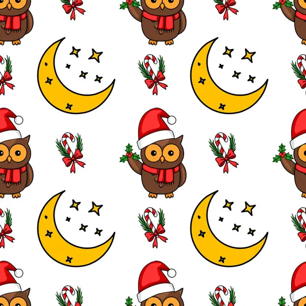 Noel Baba şapkalı, şeker kamışlı, ökse otlu ve hilal şeklindeki baykuşlu kusursuz Noel desenli Noel Baba şenlikleri, şenlikli kış tasarımları için mükemmel..