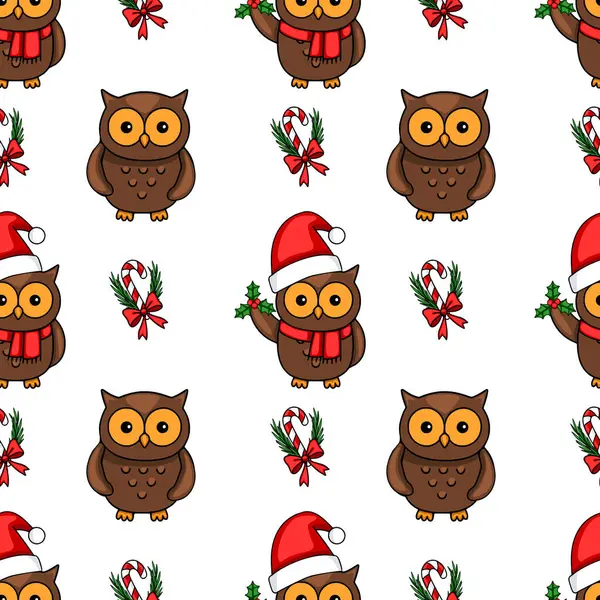 Noel Baba şapkalarında sevimli baykuşlar, çoban püskülleri, şeker kamışları ve şenlikli yaylarla birlikte büyüleyici bir Noel tasarımı oluşturan kusursuz vektör deseni..