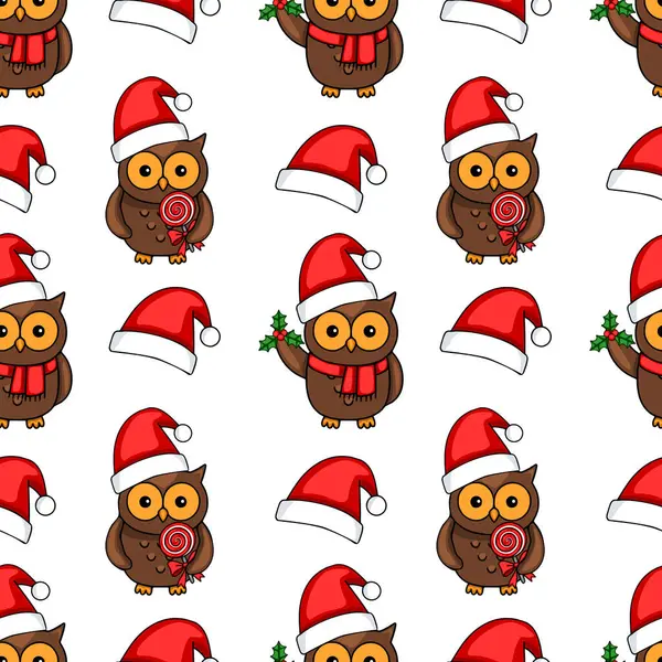 Noel Baba şapkalı baykuşlar, lolipoplar ve çobanpüsküllü lolipoplar taşıyan kusursuz bir Noel tasarımı..