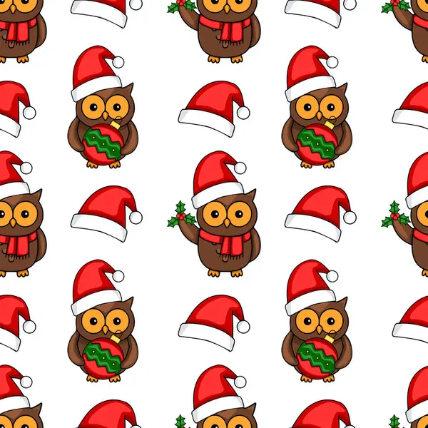 Noel Baba şapkası takan, elinde Noel süsleri tutan, neşeli ve neşeli bir kış tasarımı yaratan sevimli baykuşları içeren kusursuz bir vektör deseni..