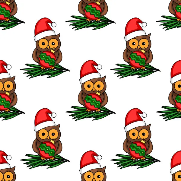 Noel Baba şapkalarında Noel süsleri taşıyan, köknar dallarına tünemiş baykuşların kusursuz vektör deseni bayram kartları ve ambalaj kağıtları için mükemmel bir şenlikli kış tasarımı yaratıyor..