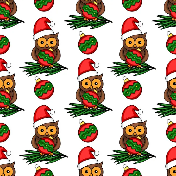 Noel Baba şapkalı şirin baykuşlarla kusursuz vektör şablonu köknar dallarında Noel mücevherleri taşıyor, kırmızı ve yeşil renkli bir şenlik düzenliyor..