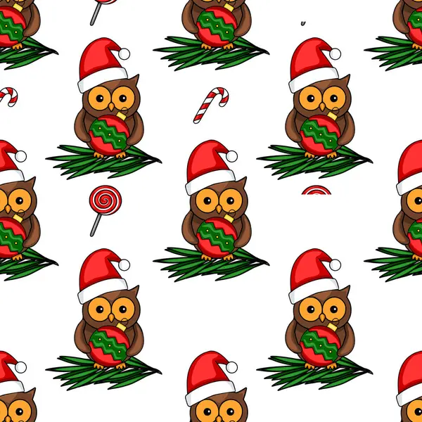 Noel Baba şapkalarında sevimli baykuşların olduğu, çam dallarına yerleştirilmiş, şeker kamışları ve lolipoplarla süslenmiş şenlikli mücevherler taşıyan kusursuz bir vektör Noel deseni..