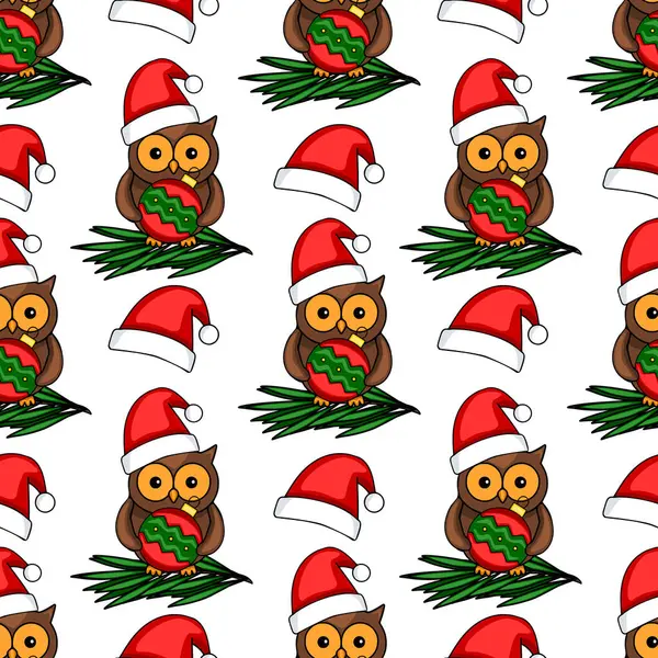 Noel Baba şapkalarında sevimli baykuşların olduğu, Noel süsleri taşıyan, köknar dallarına yerleştirilmiş, neşeli ve neşeli bir kış tasarımı yaratan kusursuz bir vektör deseni..