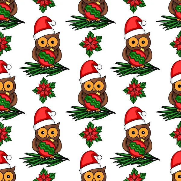 Noel Baba şapkalı baykuşlarla süslenmiş, Noel mücevherleri taşıyan, çam dallarına yerleştirilmiş, şenlikli noktalarla süslenmiş kusursuz bir vektör deseni..