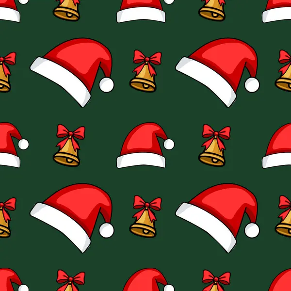 Kırmızı kurdeleli, kusursuz Noel çanları ve koyu yeşil arka planda Noel Baba şapkaları. Şenlik tasarımları ve kış tatilleri için mükemmel..