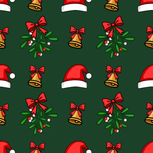 Elle çizilmiş Noel Baba şapkaları, ökse otu dalları ve kırmızı kurdelelerle süslenmiş altın çanlar, koyu yeşil bir arka planda..