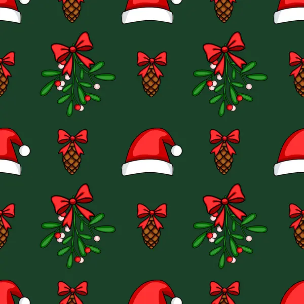 Noel Baba şapkaları, kırmızı yaylı çam kozalakları ve koyu yeşil arka planda ökse otu dalları içeren kusursuz bir vektör Noel deseni, neşeli ve neşeli bir kış tasarımı yaratıyor..