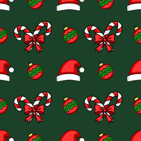 Noel Baba şapkaları, yaylı şeker kamışları ve koyu yeşil arka planda süs eşyalarıyla kusursuz bir Noel şablonu. Eşsiz bir çizgi film stili..