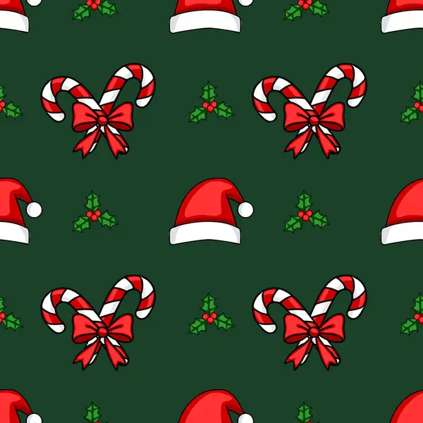 Noel Baba şapkaları, yaylı şeker kamışları ve koyu yeşil arka planda kutsal böğürtlenler ile kusursuz vektör Noel deseni, bayram ambalaj kağıdı ya da tatil kartları için mükemmel..