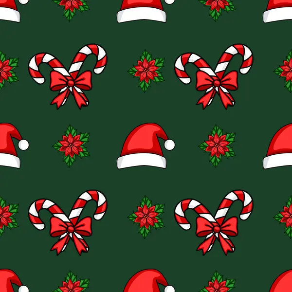 Koyu yeşil arka planda şeker kamışları, Noel Baba şapkaları ve noktalar içeren kusursuz bir Noel deseni, şenlik tasarımları için ideal..