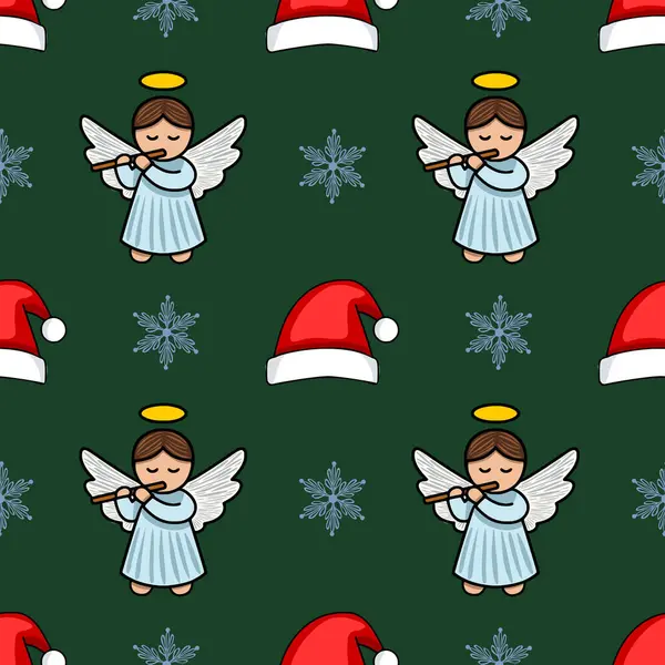 Flüt çalan sevimli meleklerin, koyu yeşil bir arka planda Noel Baba şapkaları ve kar taneleriyle karışıp büyüleyici ve şenlikli bir tasarım yarattıkları kusursuz bir Noel şablonu..