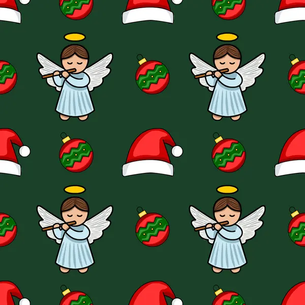 Tatlı meleklerin flüt, Noel şapkası ve koyu yeşil arka planda kırmızı ve yeşil takılar çaldığı kusursuz bir Noel şablonu..