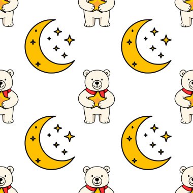 Kırmızı eşarplı sevimli kutup ayılarının hilal ve parıldayan yıldızlarla birlikte altın yıldızları tutarak büyüleyici ve kaprisli bir gece gökyüzü tasarımı oluşturduğu kusursuz bir vektör deseni..