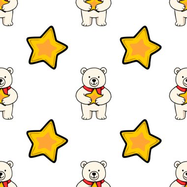 Kırmızı eşarplı sevimli kutup ayılarının, kış tatilleri ve çocuk ürünleri için ideal büyüleyici ve şenlikli bir tasarım yaratarak nazikçe altın yıldızları taşıdığı kusursuz bir vektör deseni..